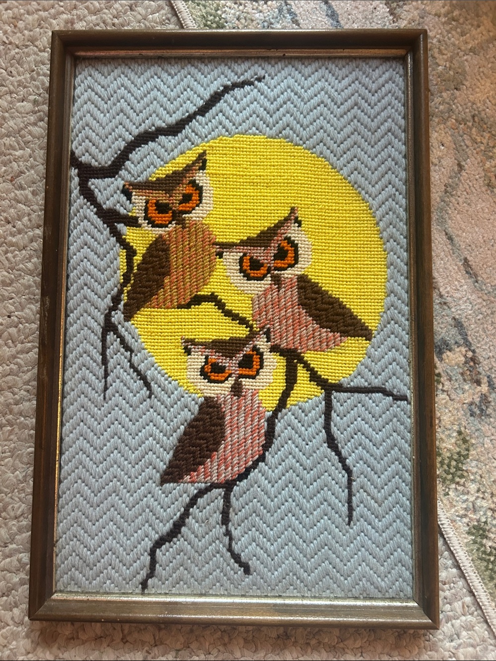Vintage Needlepoint Owls Wall Art - Yellow Moon